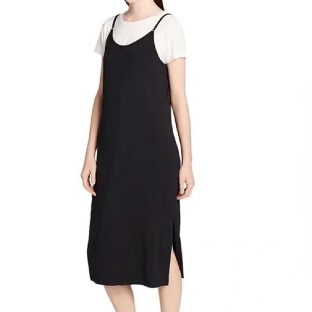 Calvin Klein Black Knit Slip Midi Dress Scoop Neck Stretch Rayon - Picture 2 of 16
